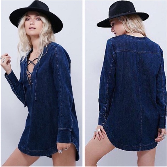 FREE PEOPLE Denim Tunic Top Jean Dress Neapolitan Dreams Lace Up Long Sleeve S - Picture 4 of 13
